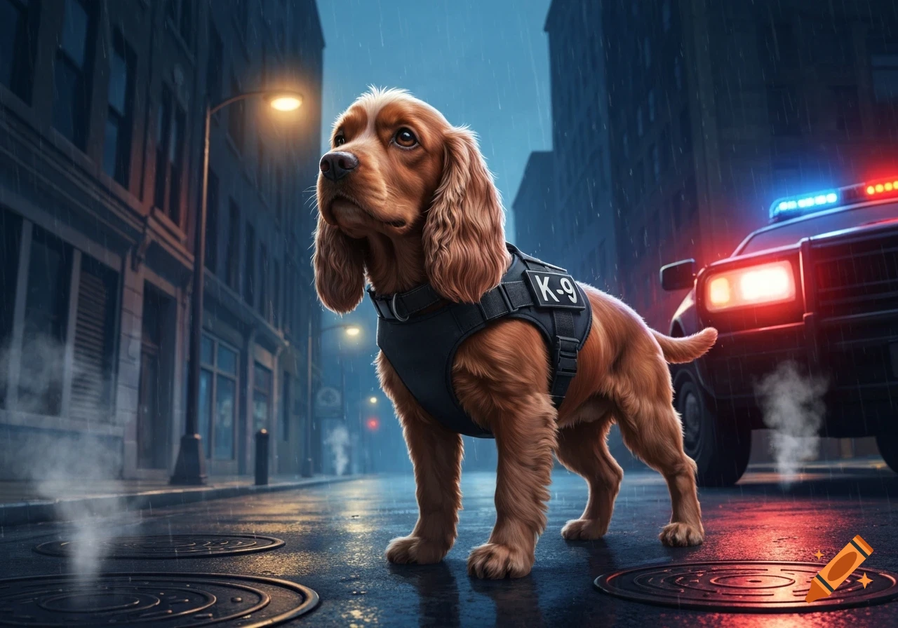 A photorealistic cocker spaniel in a K-9 vest stands on a wet city street, rain falling, with a police car behind it.