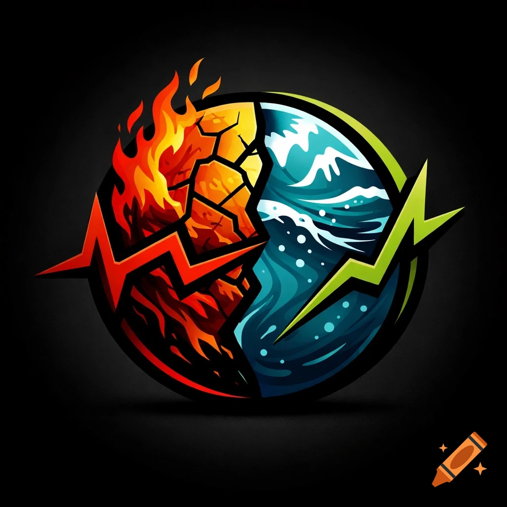 Stylized logo split into fire on cracked ground and flowing water, with red and green lightning bolts on a black background.