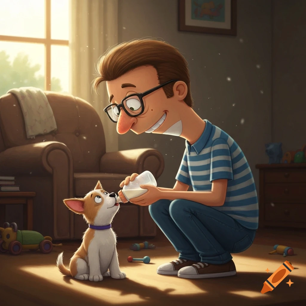 A cartoon man with glasses squats to feed a cute puppy from a baby bottle in a sunny living room.