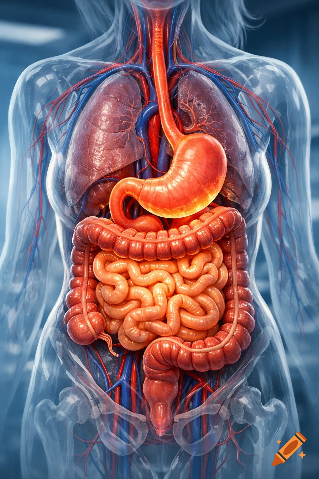 Detailed anatomical illustration of human digestive system, lungs, heart, and blood vessels within a translucent torso.