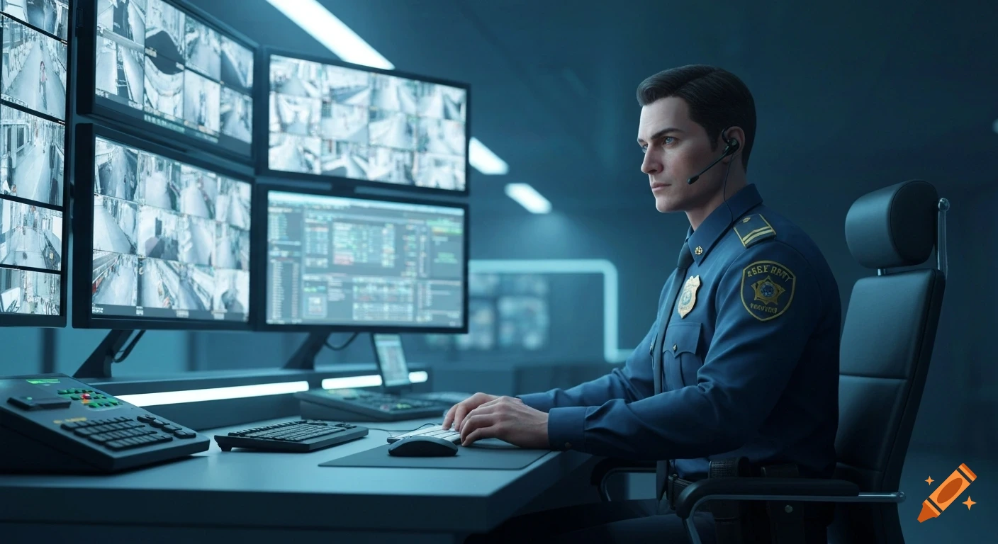 Photorealistic image of a security guard wearing a dark blue uniform and headset, monitoring surveillance feeds on multiple screens in a high-tech control center.