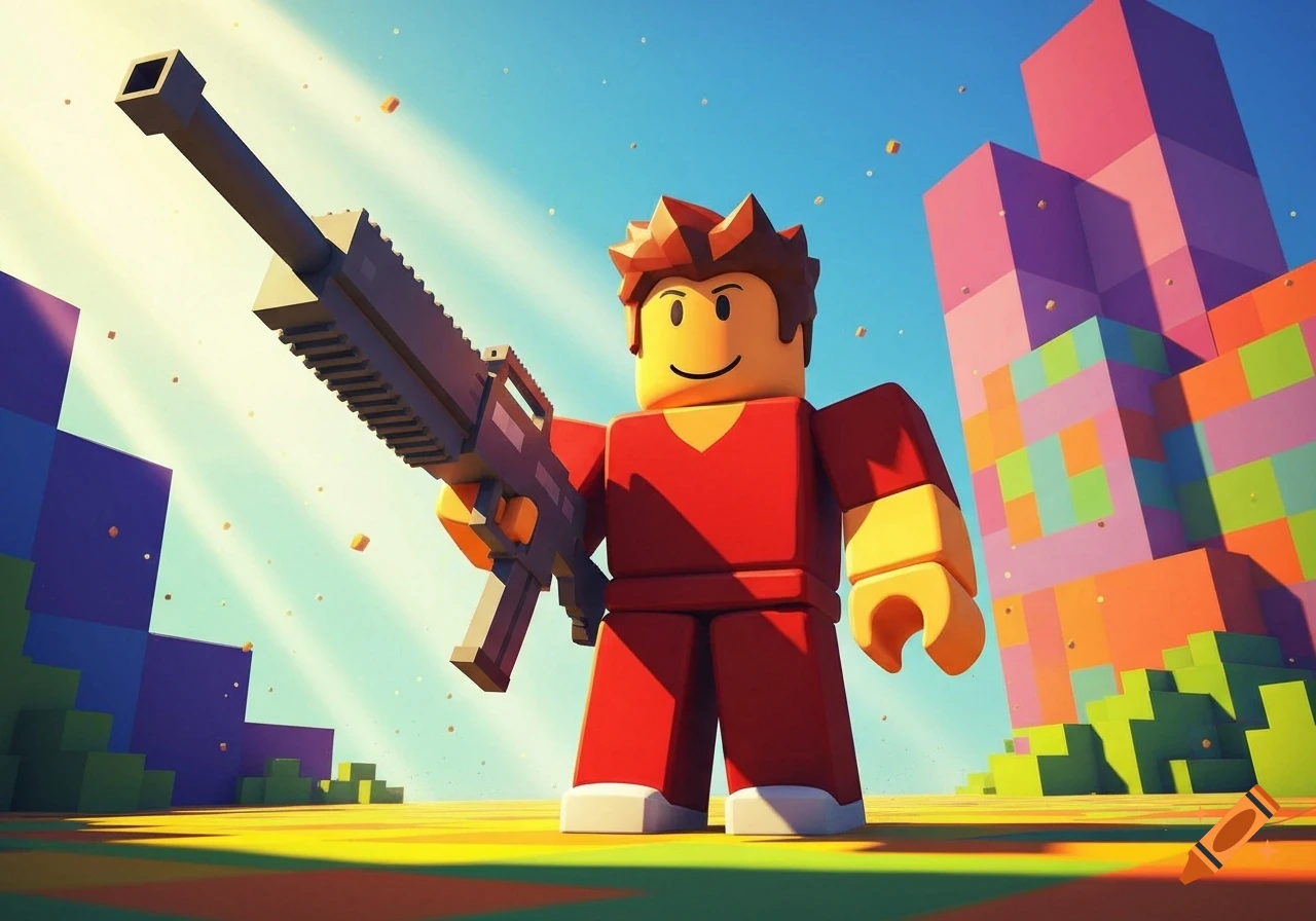 A Roblox-style character in a red outfit holding a blocky rifle in a colorful, blocky landscape under a blue sky.