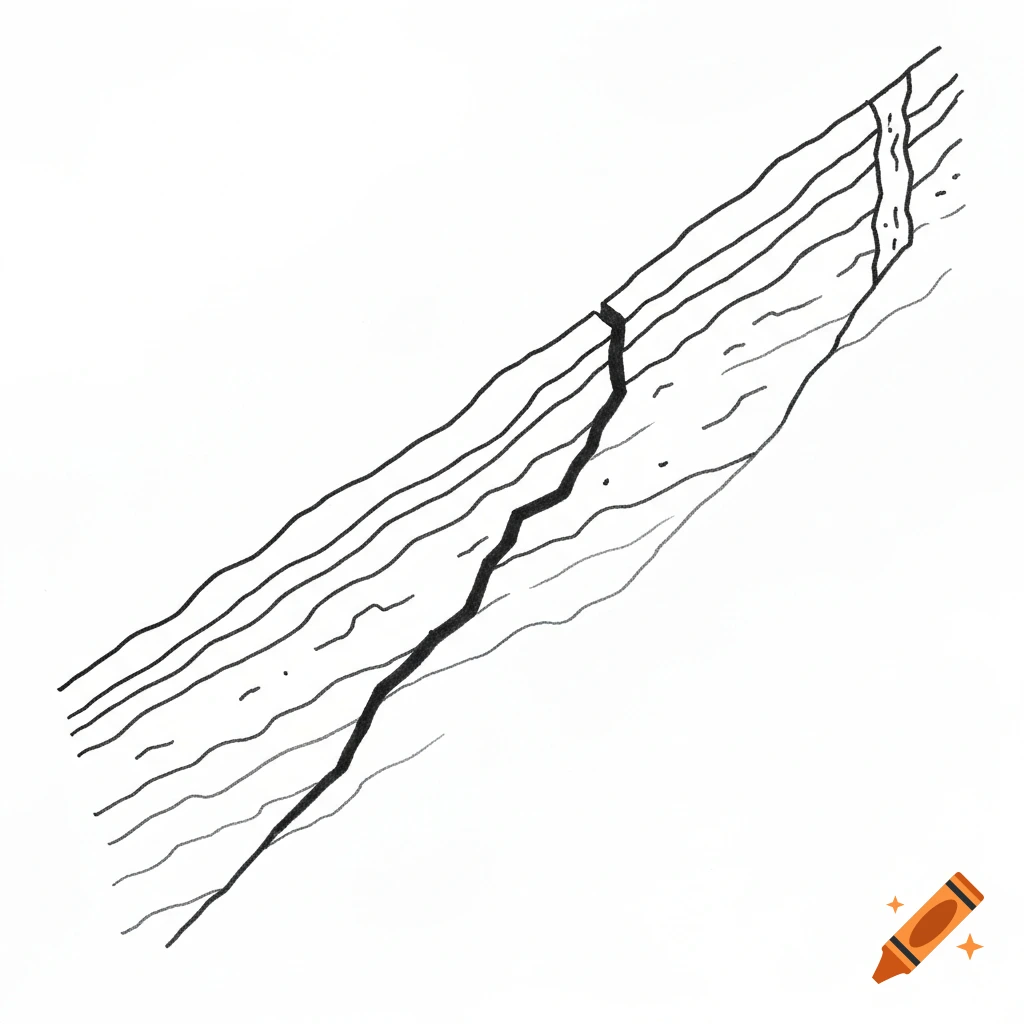 Minimalist black and white line drawing of inclined geological layers with a fault and a dike intrusion.
