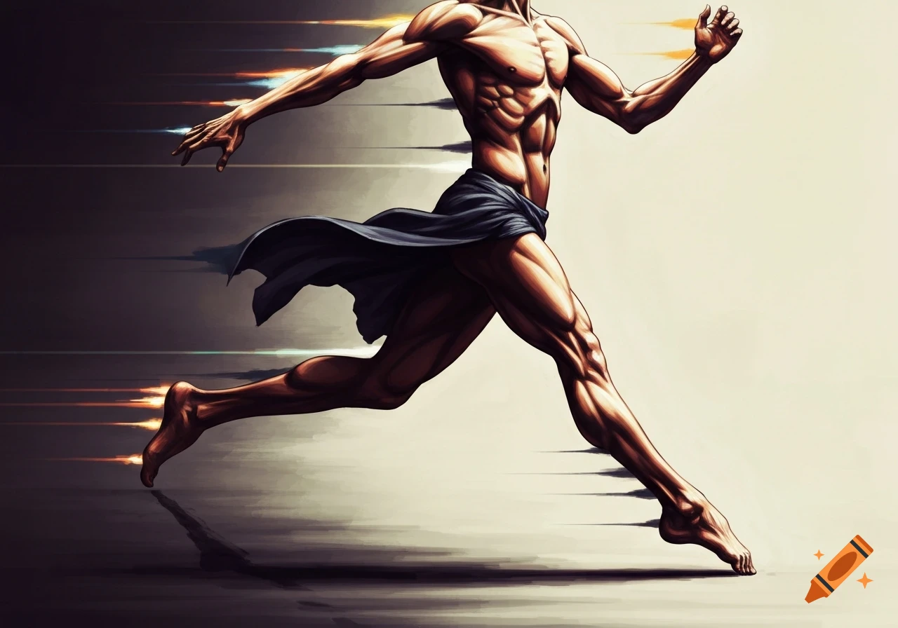 A highly muscular man leaps forward in a dynamic, illustrative style, with motion blur indicating speed.