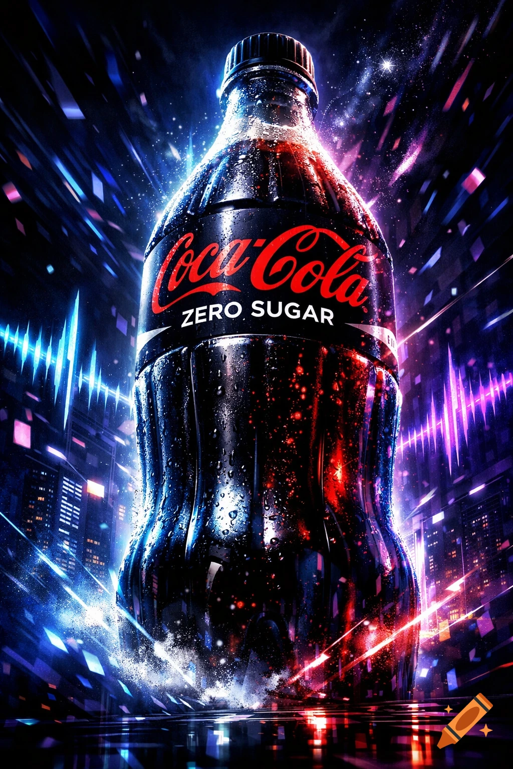 Coca-Cola Zero Sugar bottle glowing with red and blue light streaks in a dynamic, futuristic setting.