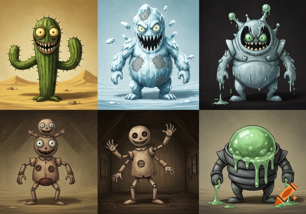 Six stylized cartoon monsters: a cactus, an ice creature, two slime blobs, and two wooden dolls, against varied backgrounds.