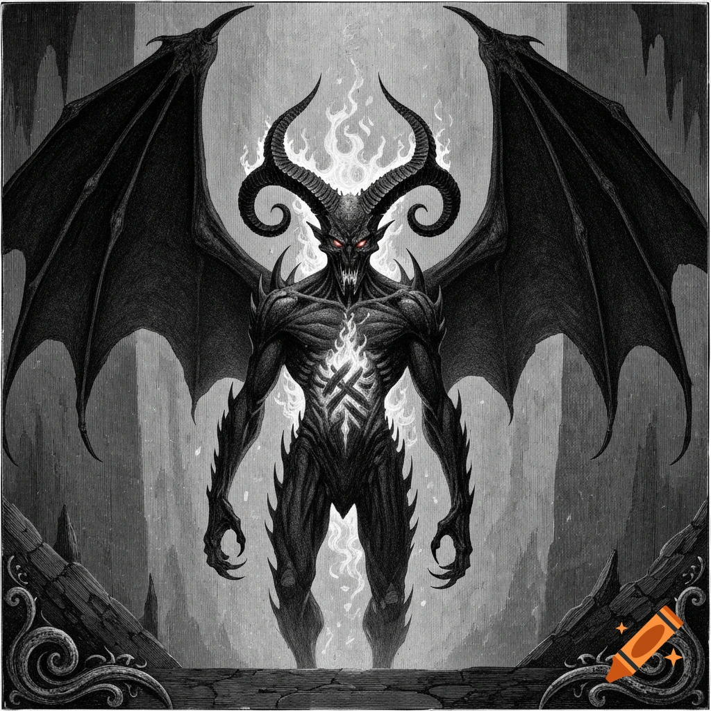 A tall, winged demon with large horns and glowing red eyes, engulfed in fire from its chest and head, in a dark Victorian engraving style.