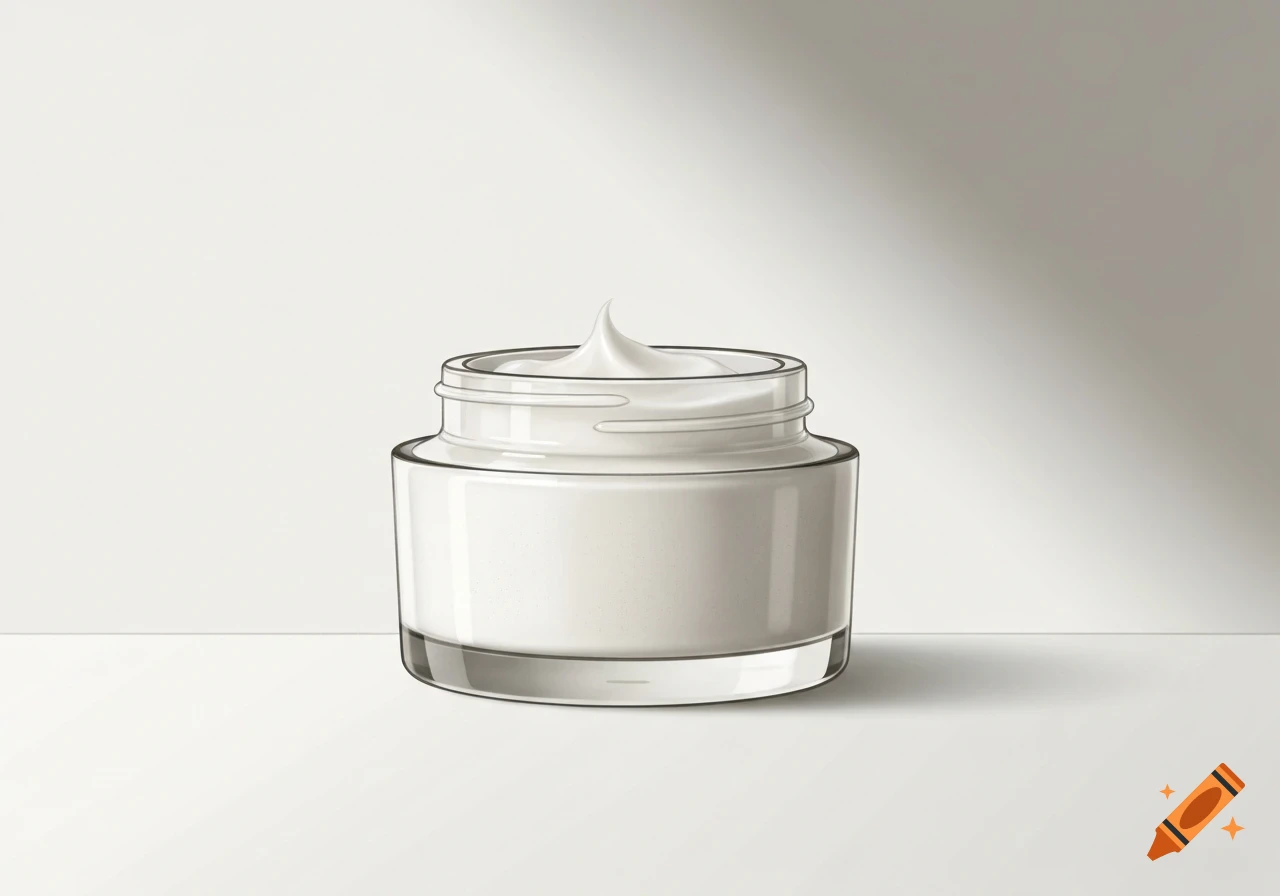 An elegant glass jar of white cream in a clean drawing style, on a simple light background.