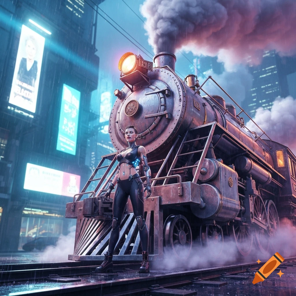 A cyberpunk woman stands on wet train tracks in front of a large, steaming locomotive in a rainy, futuristic cityscape.