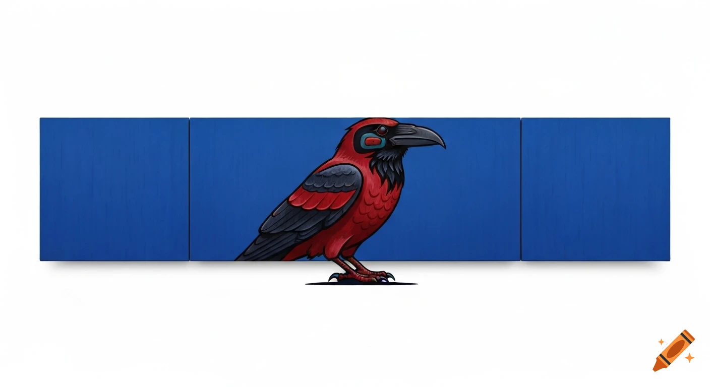 A red and black crow in Pacific Northwest Native American totem art style, centered against a royal blue background across three panels.