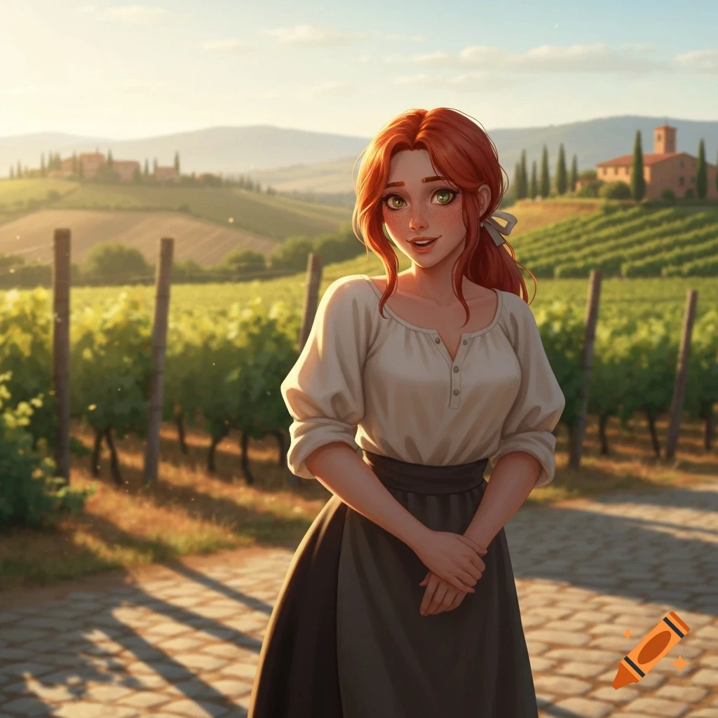 A red-haired woman in a white blouse and dark skirt smiles in a sunny vineyard landscape, illustration style.