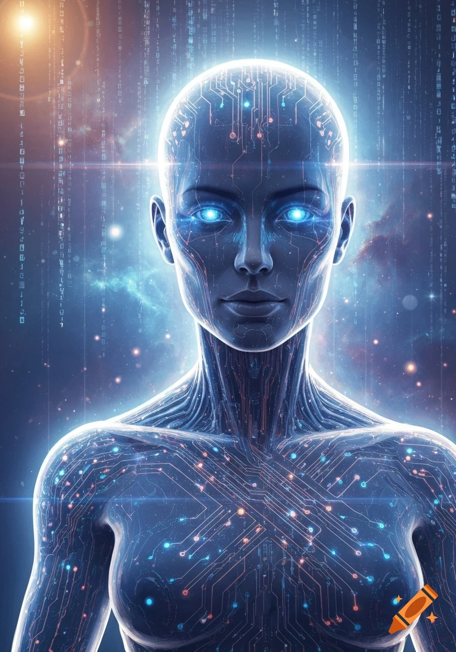 Futuristic human-like figure with glowing blue circuit patterns and eyes, set against a background of digital code and space.