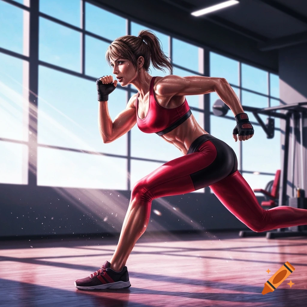 Muscular woman in red workout gear running in a modern gym with large windows, photorealistic.