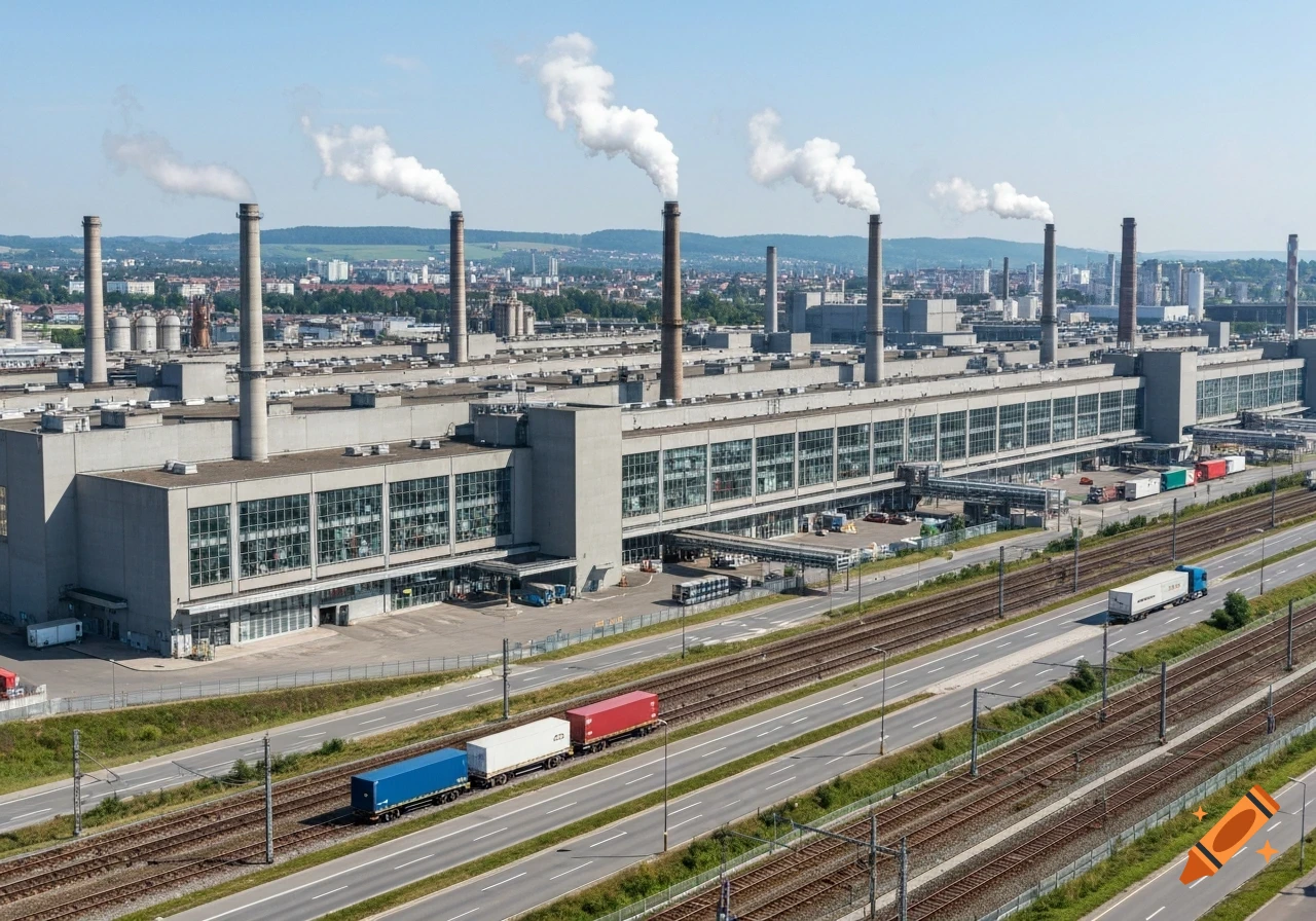 An aerial view of a large industrial factory with multiple smokestacks emitting smoke, flanked by train tracks and roads with vehicles.