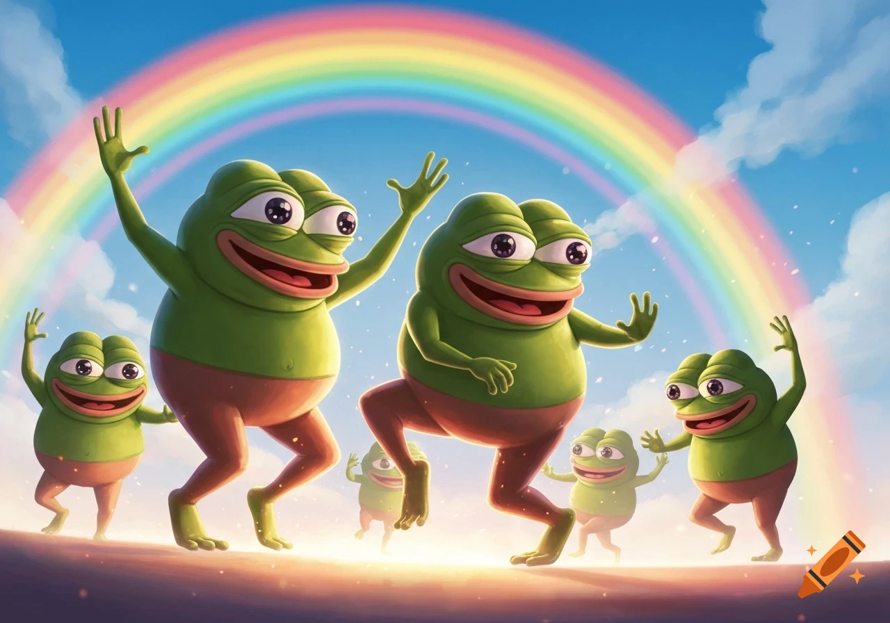 A group of cartoon green frog characters, resembling Pepe the Frog, dance cheerfully on a bright surface under a vibrant rainbow in a blue sky.
