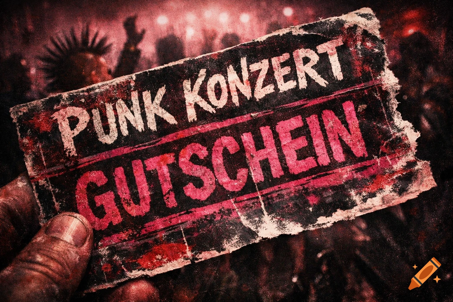 A hand holds a distressed punk concert voucher with 'PUNK KONZERT GUTSCHEIN' visible, against a blurred background of a punk crowd.