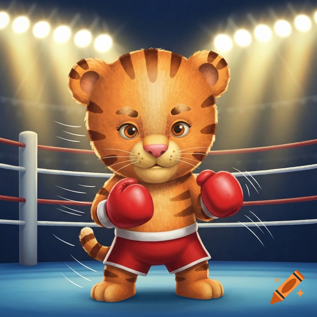 A cute, orange cartoon tiger wearing red boxing gloves and shorts stands in a brightly lit boxing ring.