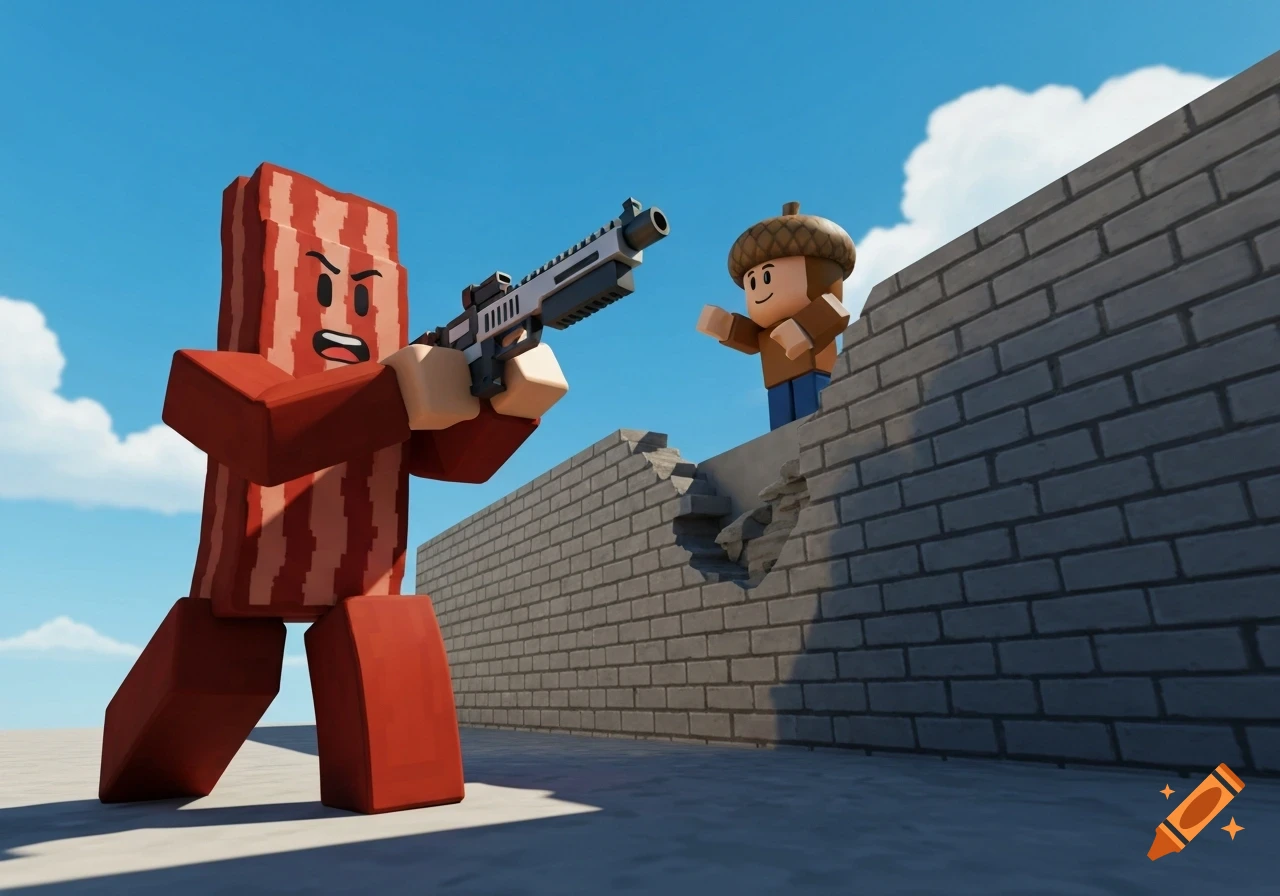 Roblox-style bacon character aims a rifle at an acorn-headed character behind a broken brick wall under a blue sky.