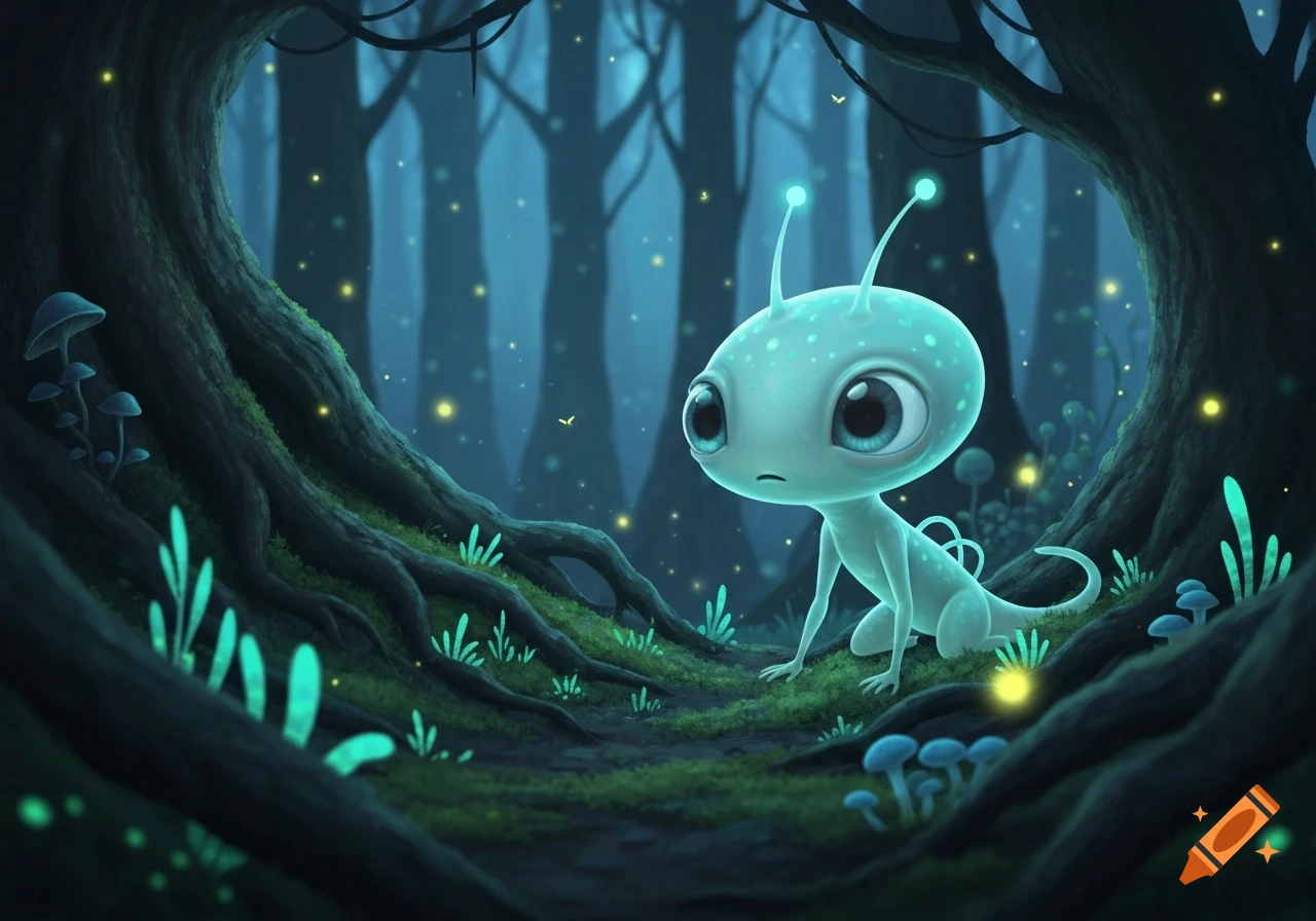 A cute, light blue alien with big eyes crouches in a dark, glowing fantasy forest with luminous plants, illustrated.