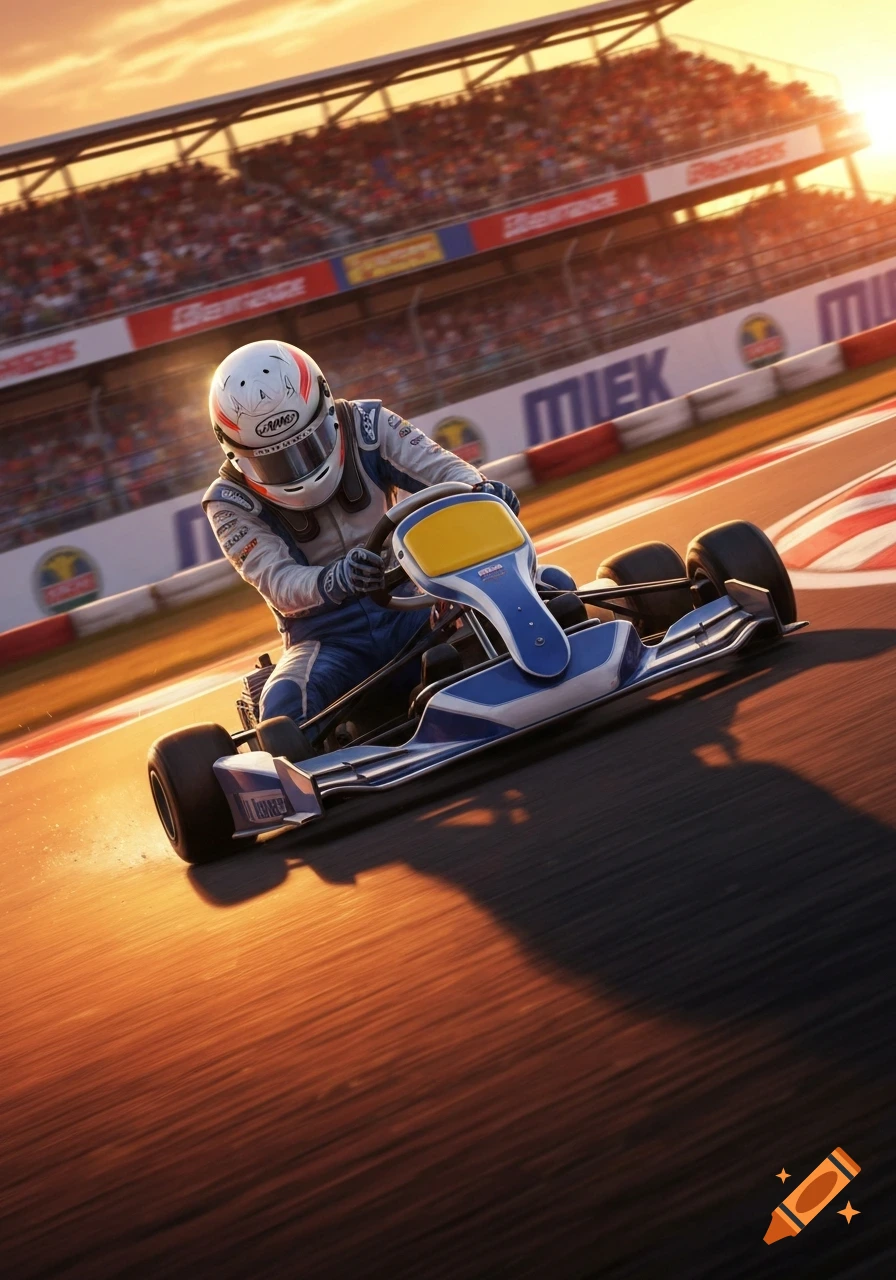 A go-kart racer in a white helmet and blue and white suit speeds along a track at sunset, with spectators in the stands.