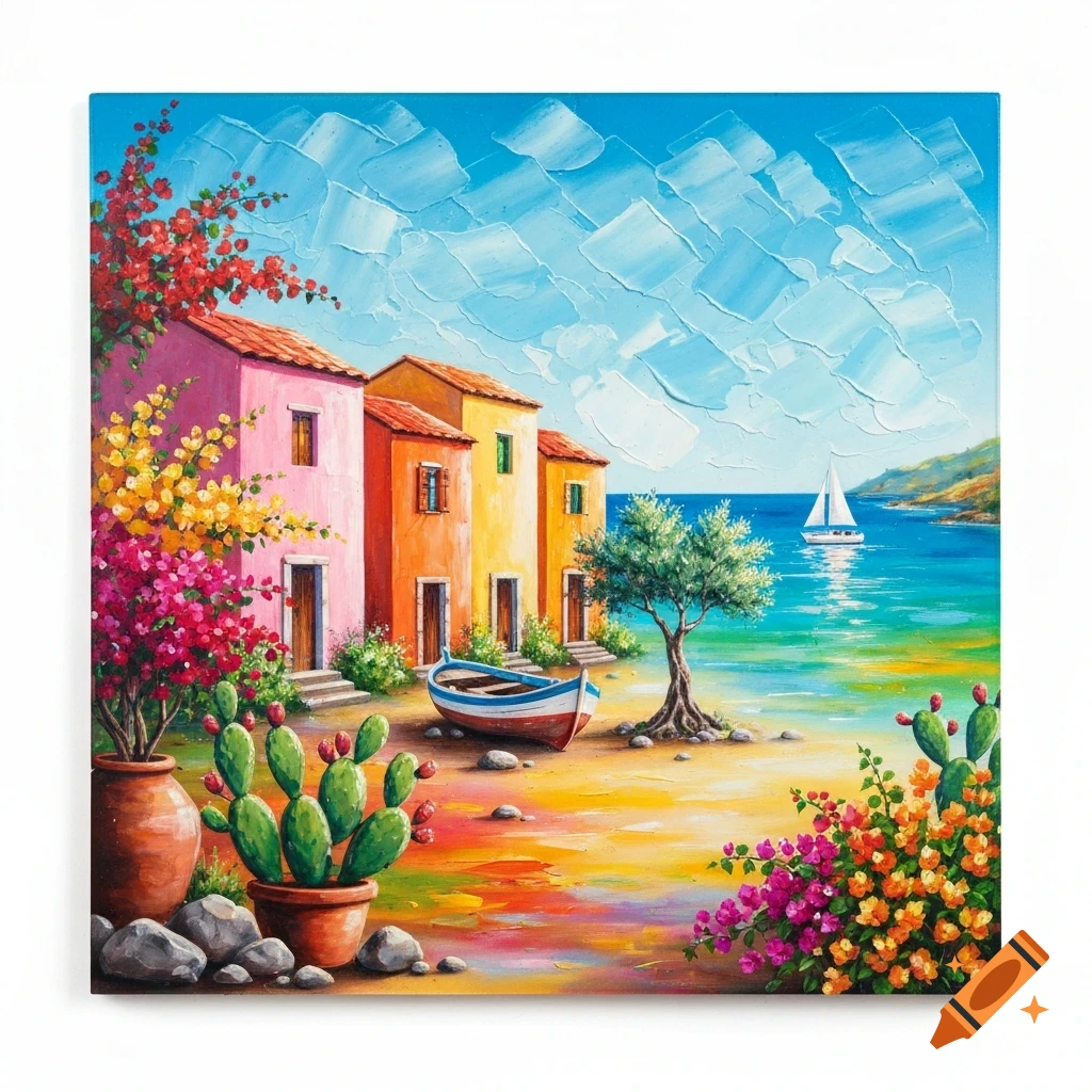 Vibrant palette knife painting of a Mediterranean coastal village with colorful houses, a boat, olive tree, and flowers by a turquoise sea.