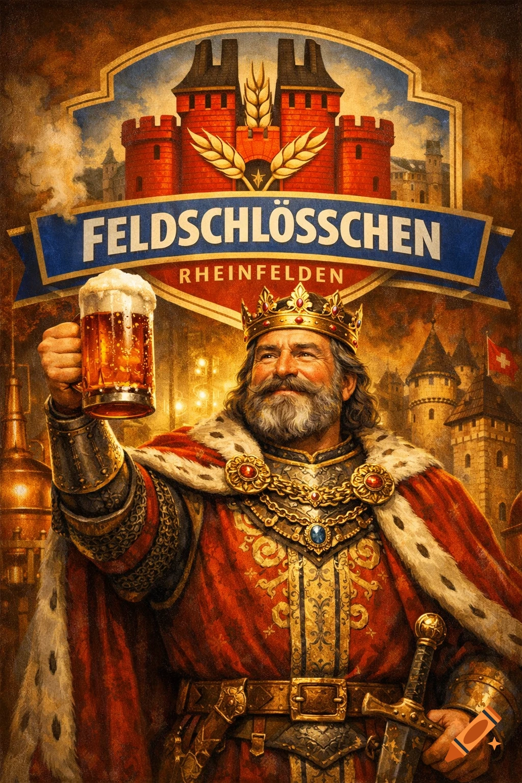 Painterly illustration of a king with a beer mug, in front of a castle logo with "FELDSCHLÖSSCHEN RHEINFELDEN".