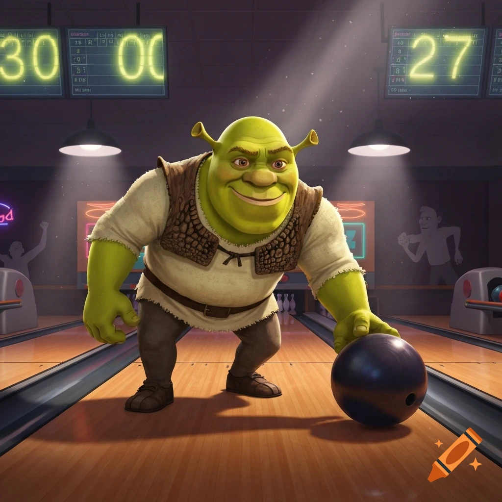 Shrek bowling in an alley, leaning down to roll a black bowling ball, with scoreboards showing numbers in the background.
