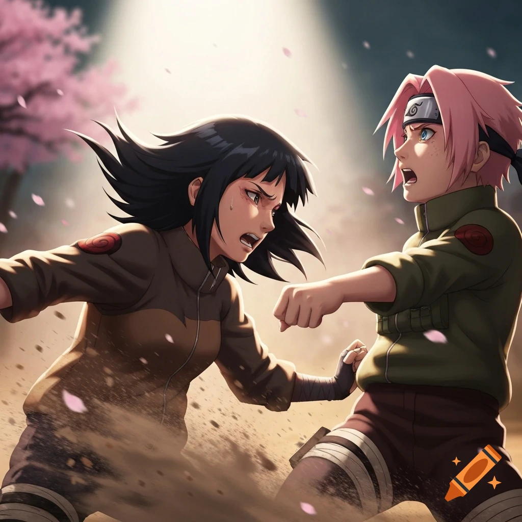 Anime characters Hinata and Sakura fighting amidst dust and falling sakura petals with dramatic lighting.
