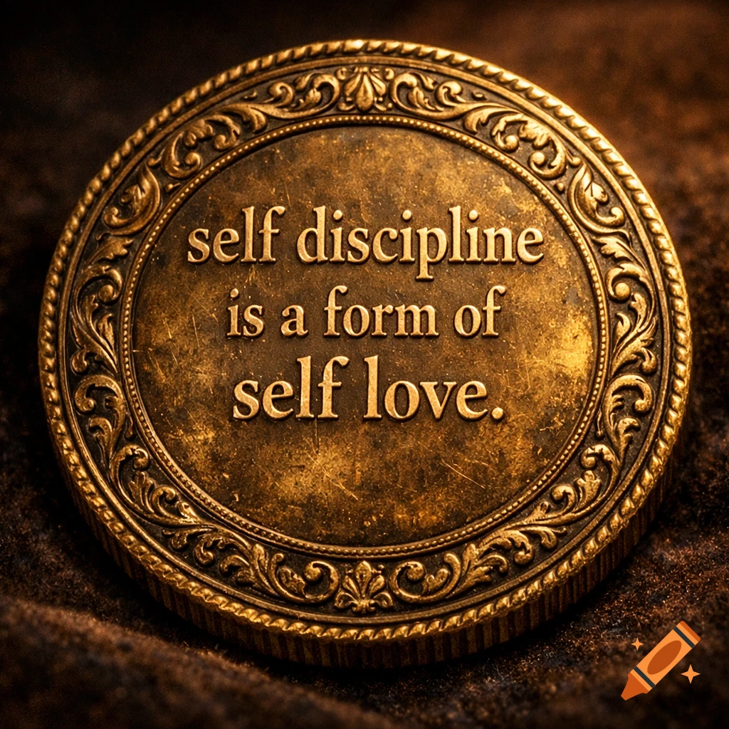 An antique bronze coin with ornate borders, engraved with the text 'self discipline is a form of self love'.