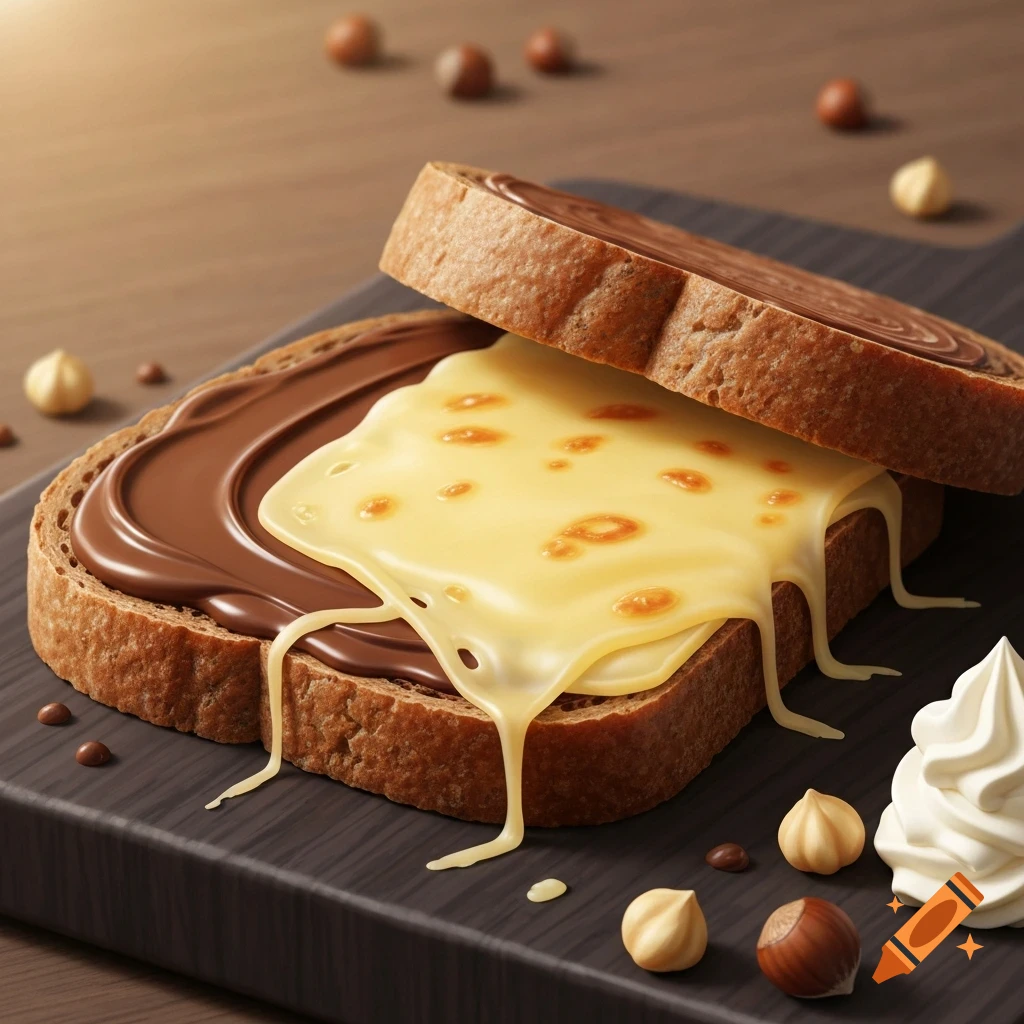 A photorealistic sandwich with chocolate spread and melting cheese, surrounded by hazelnuts and whipped cream, on a dark board.