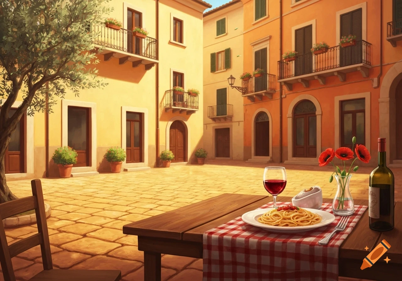 Pasta and wine on a table in an Italian village square with colorful buildings.