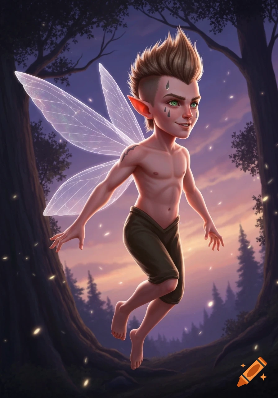 A stylized little male fairy with a light brown fauxhawk, green eyes, teardrop tattoos, and glowing wings floats in a magical forest at dusk.