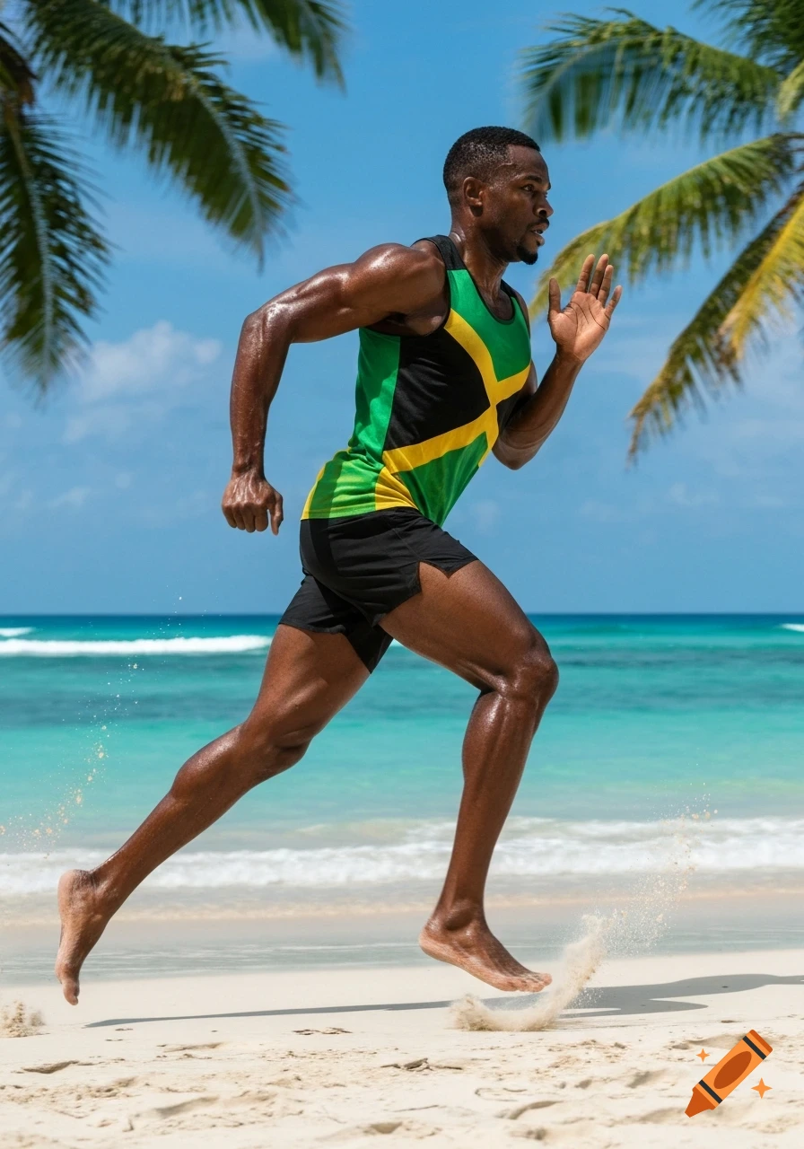 Photorealistic image of a muscular Jamaican male athlete running barefoot on a sunny sandy beach with turquoise water.