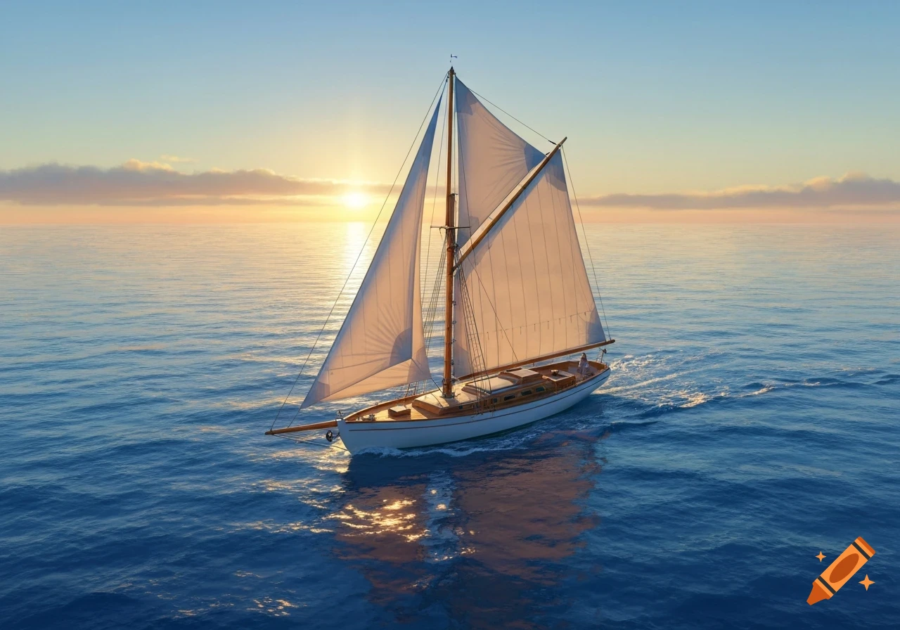 A white sailboat with two sails cruises across a calm blue ocean, heading towards a bright golden sunset on the horizon.
