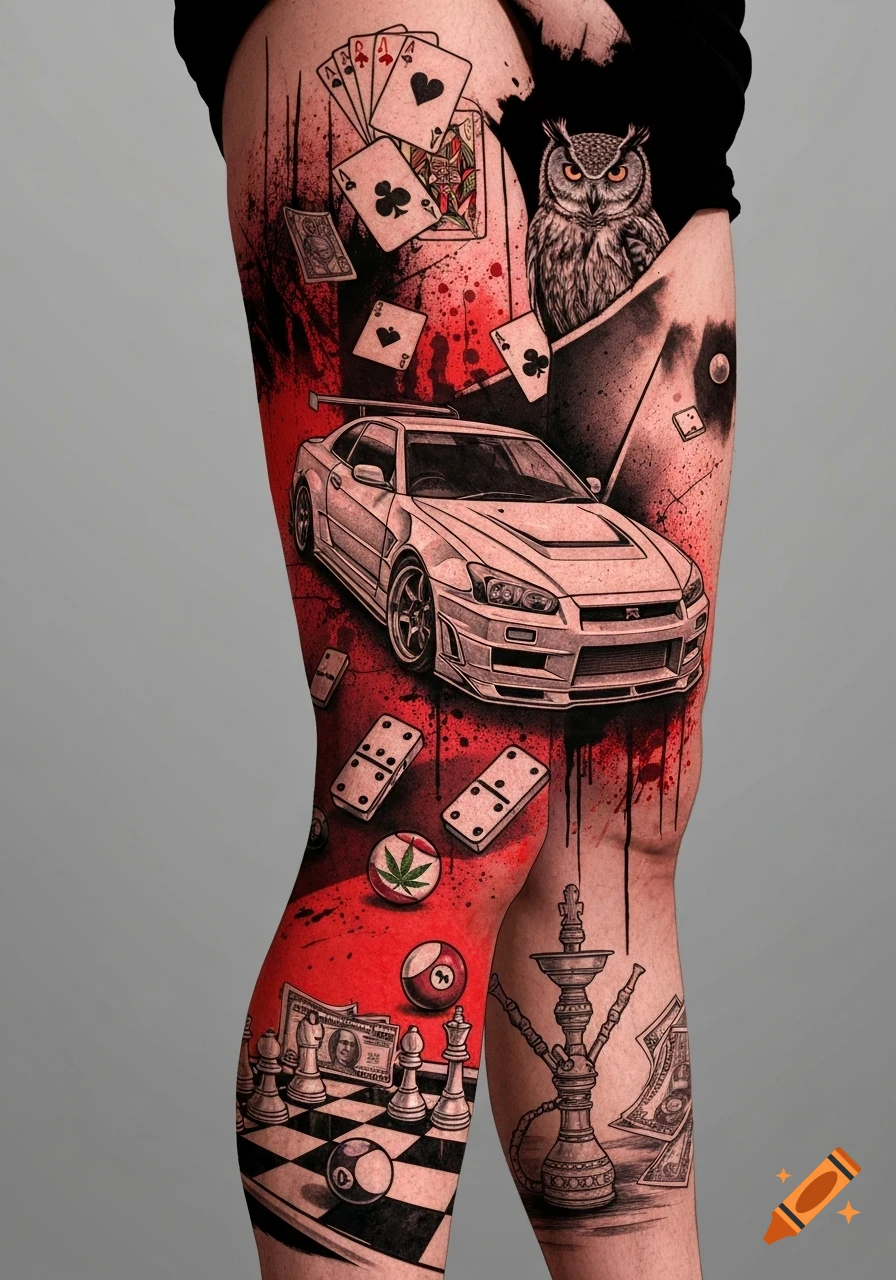 A full-leg tattoo in Trash Polka style, featuring a white car, an owl, playing cards, dominoes, chess pieces, a hookah, and money, with red splatters and abstract black designs.