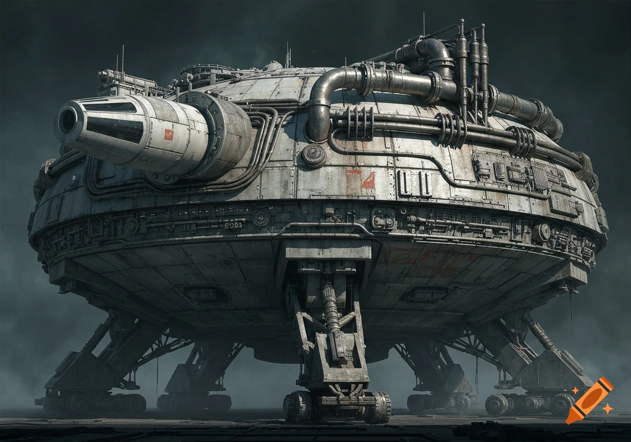 A massive, circular, industrial spaceship with a large front cannon and pipes, resting on rugged landing gears in a foggy, dark environment.