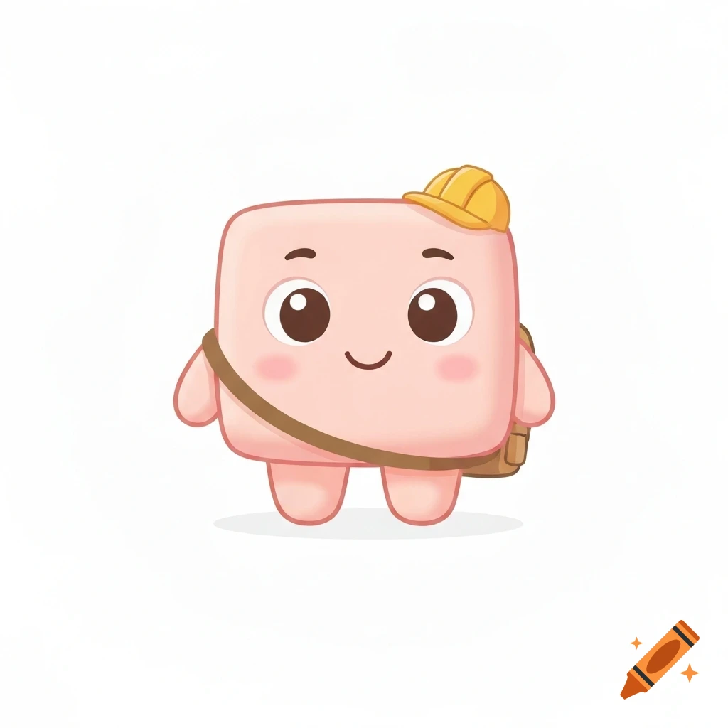 A cute, soft, cube-shaped cartoon character with big eyes, a friendly smile, a yellow construction hat, and a backpack on a white background.