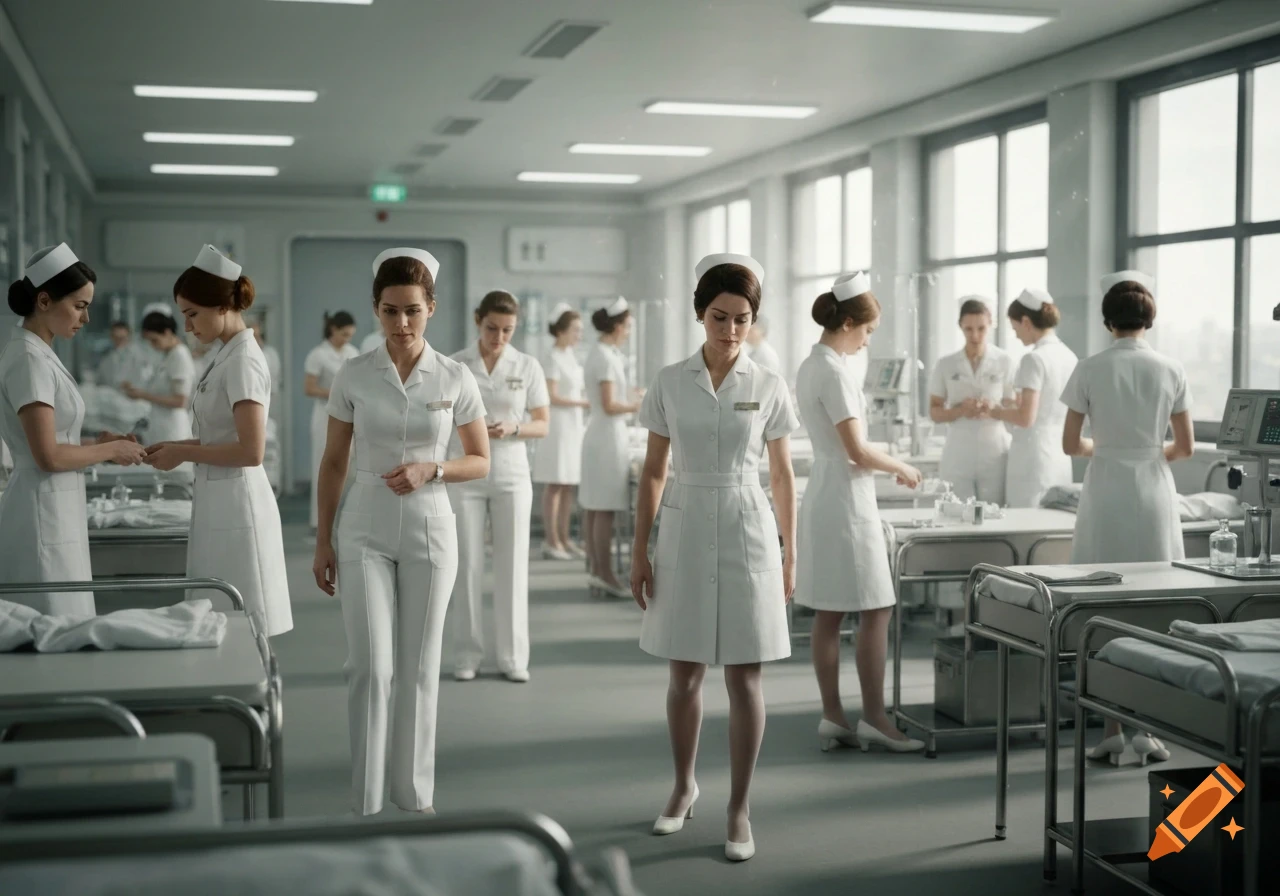 A large group of Caucasian nurses in 1960s-1970s style white uniforms working in a futuristic hospital setting.