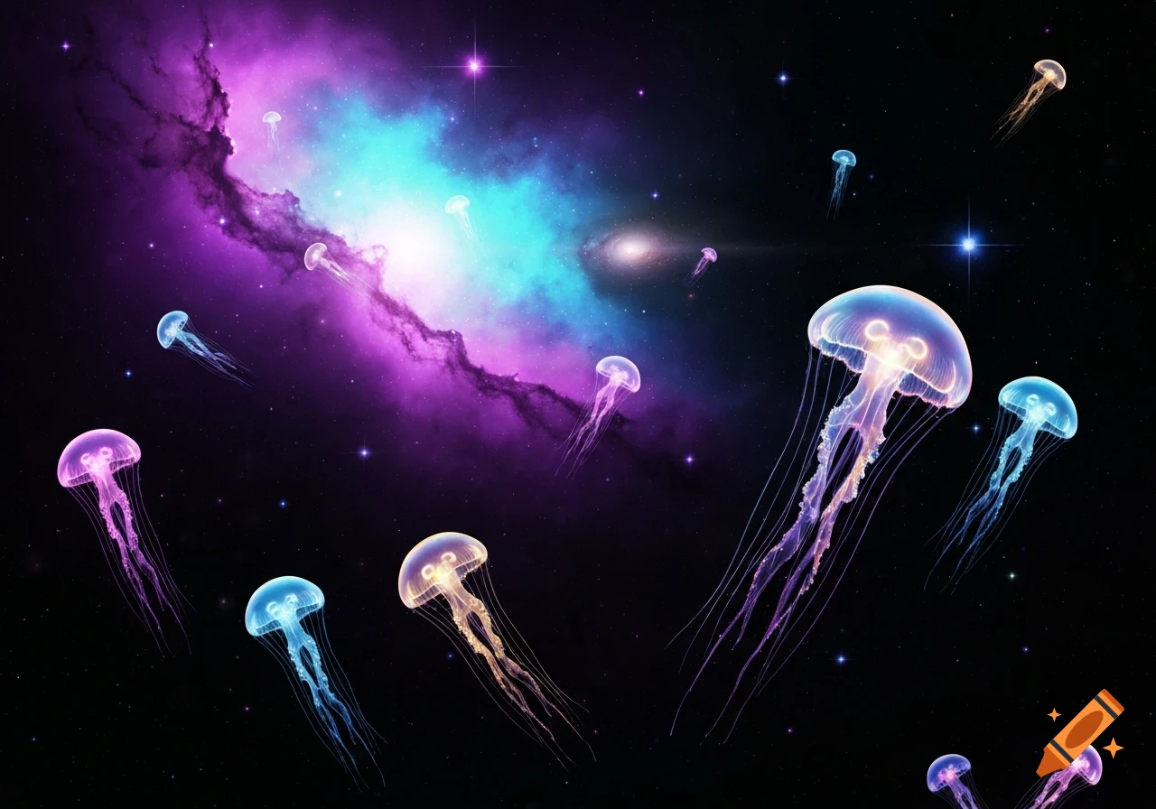 Vibrant, glowing jellyfish float through deep space with a colorful purple and blue nebula and distant stars.