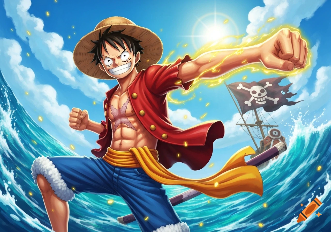 Anime character Monkey D. Luffy, wearing a straw hat and red shirt, stands on ocean waves with a pirate ship, arm glowing.