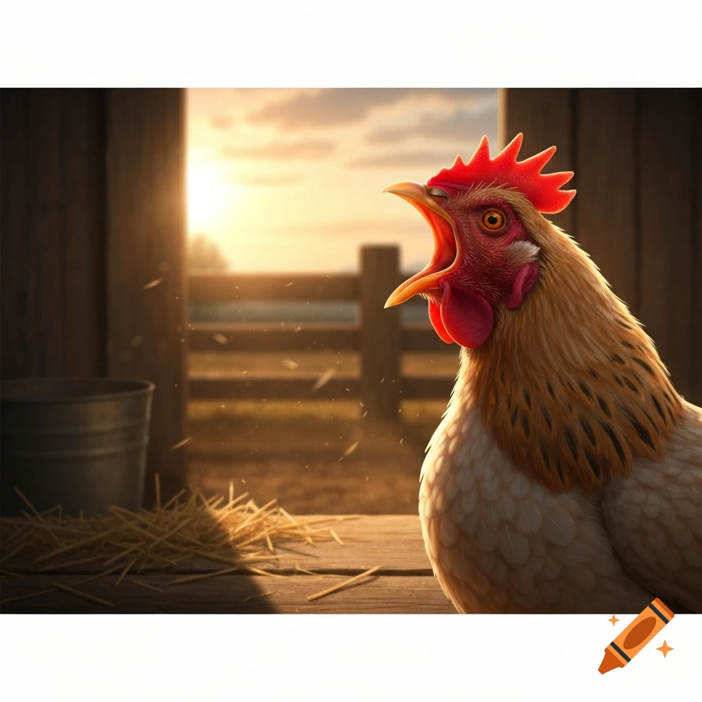 A close-up of a rooster crowing loudly, with its beak wide open, silhouetted against a golden sunrise on a farm.