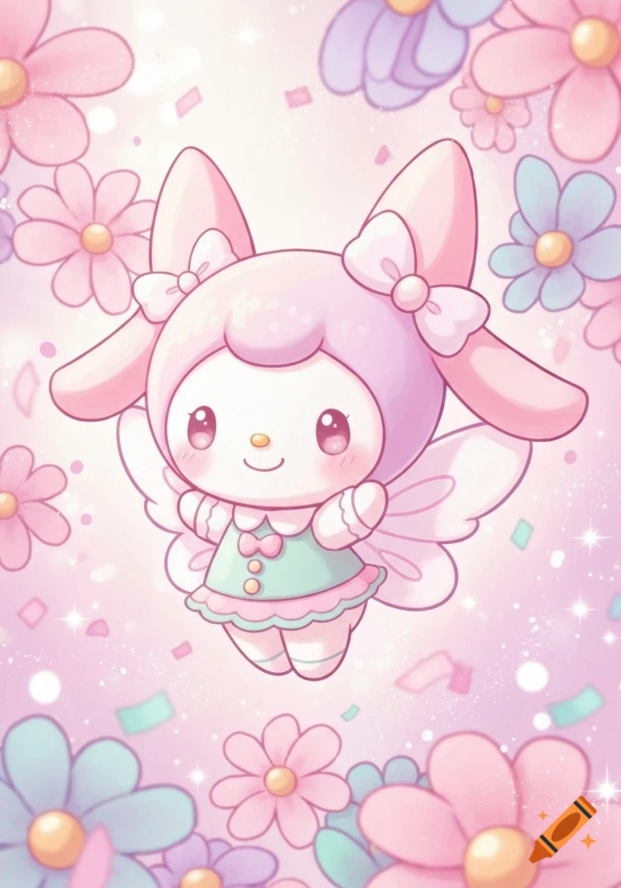 My Melody in a pastel pink fairy outfit, surrounded by floating pink and blue flowers and glitter.