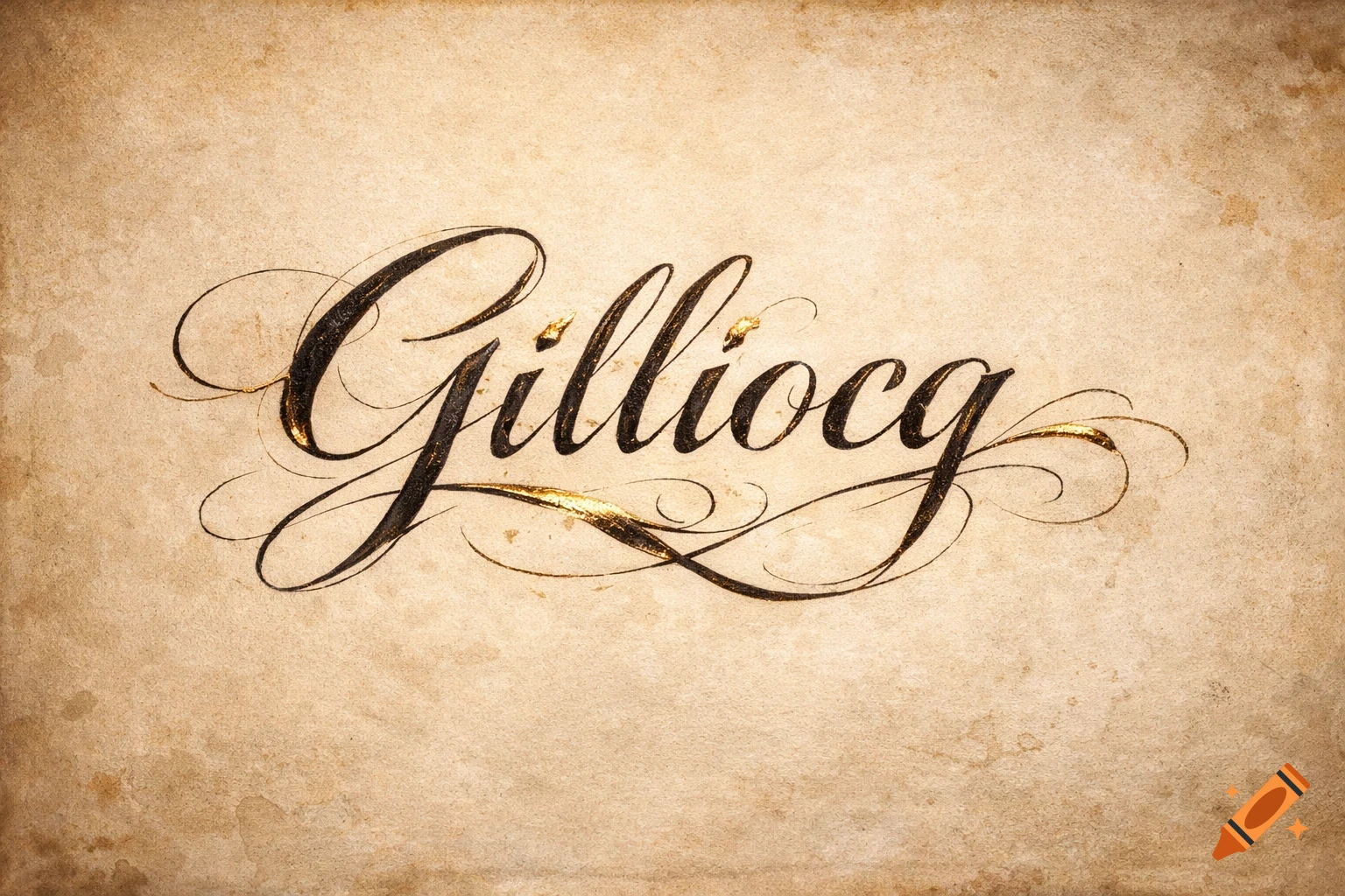 Calligraphic script of the word Gilliocq in black and gold on a textured, vintage-style paper background.