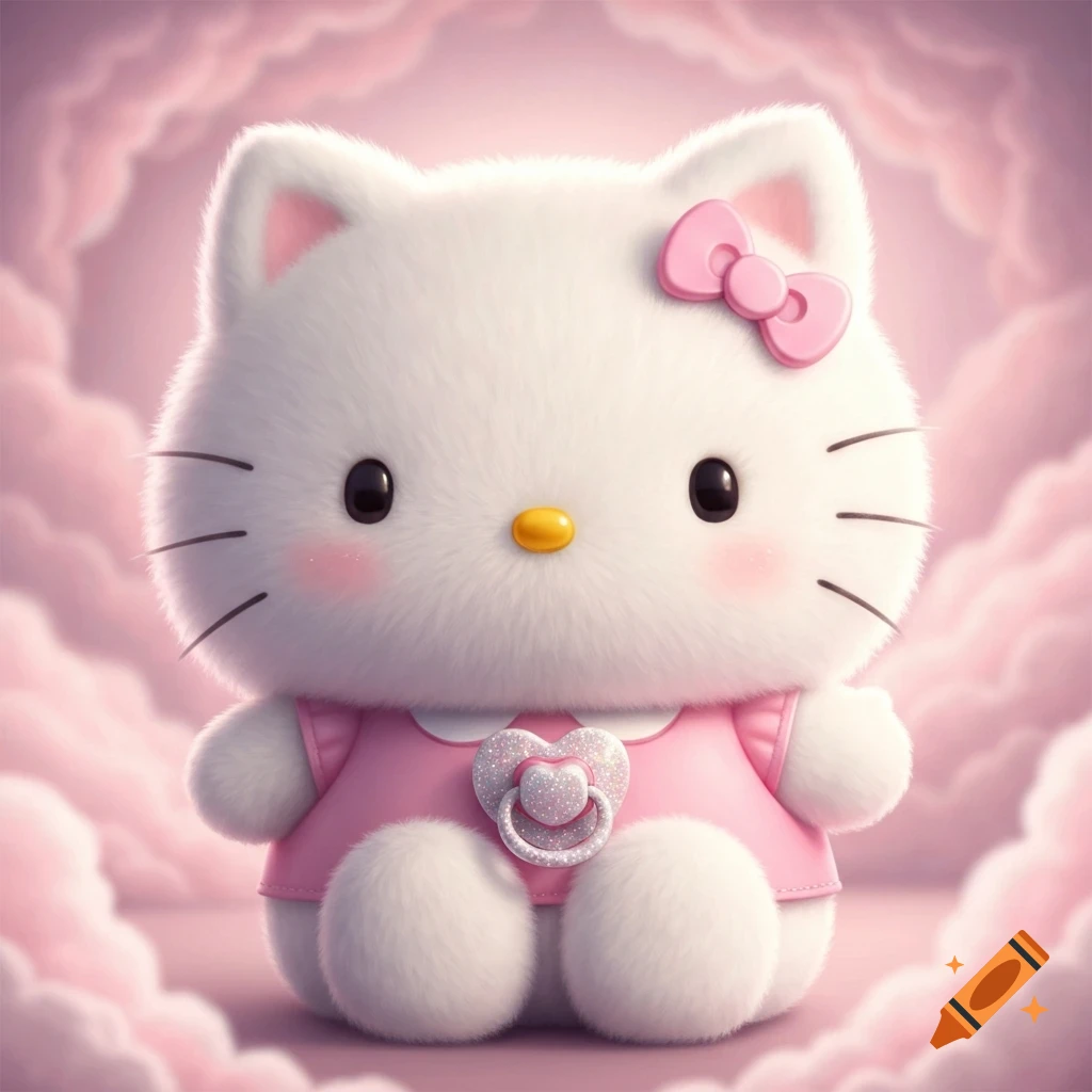 A fluffy white baby Hello Kitty in a pink outfit with a pink bow and a sparkling heart pacifier, against a soft pink cloudy background.