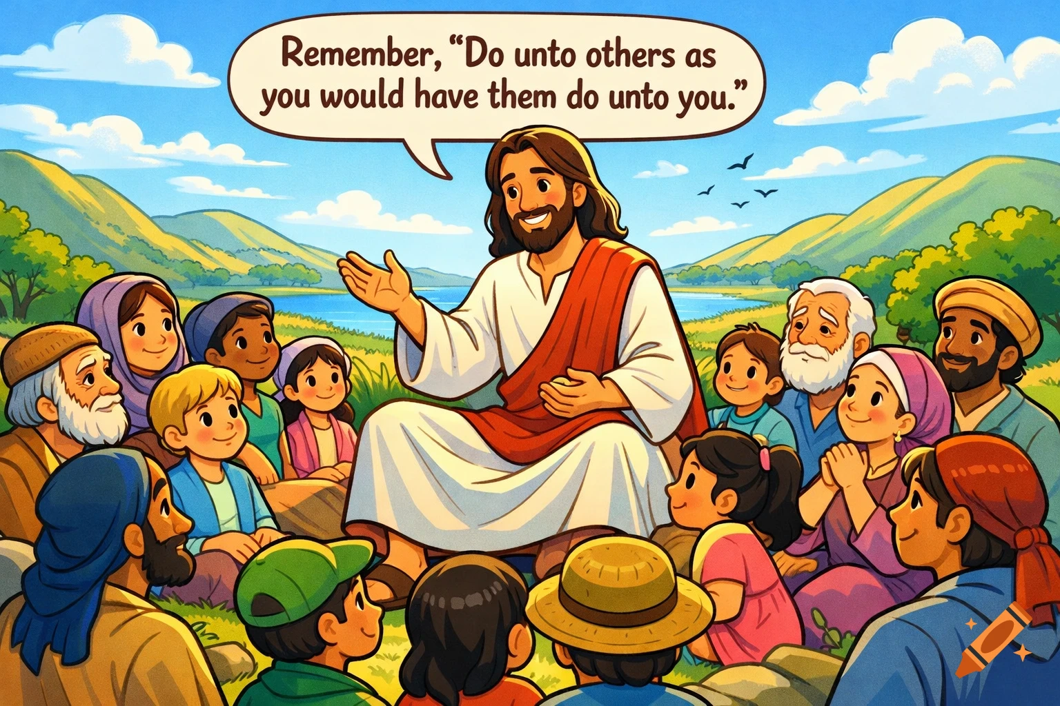 Cartoon of Jesus teaching a diverse crowd of adults and children outdoors, with a speech bubble displaying the Golden Rule.