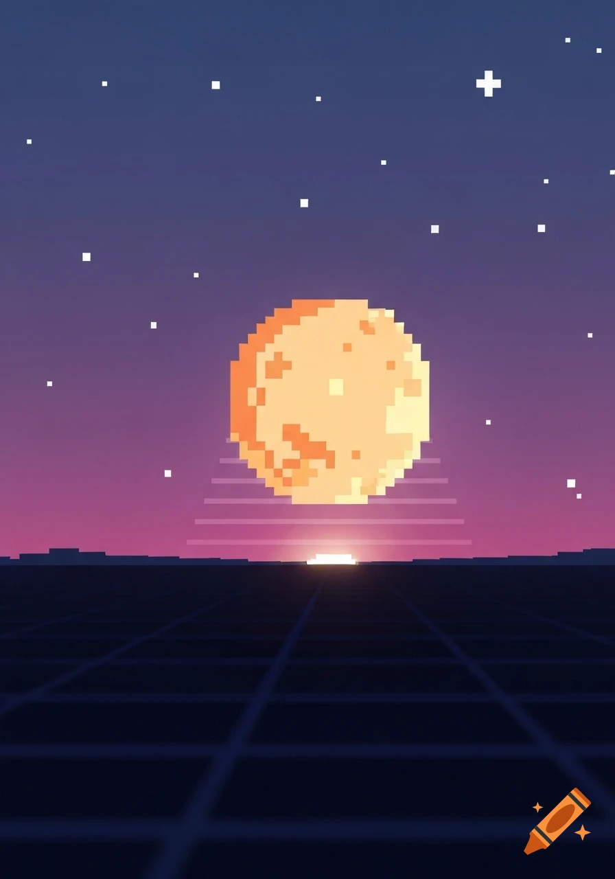 Pixelated orange moon setting over a grid horizon under a purple-blue starry sky.