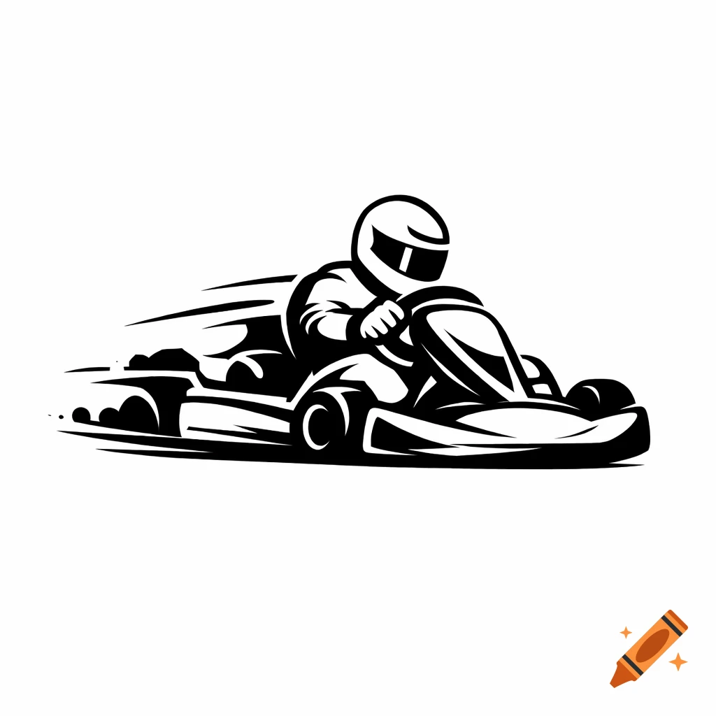 Black and white illustration of a go-kart driver speeding, rendered as a logo.