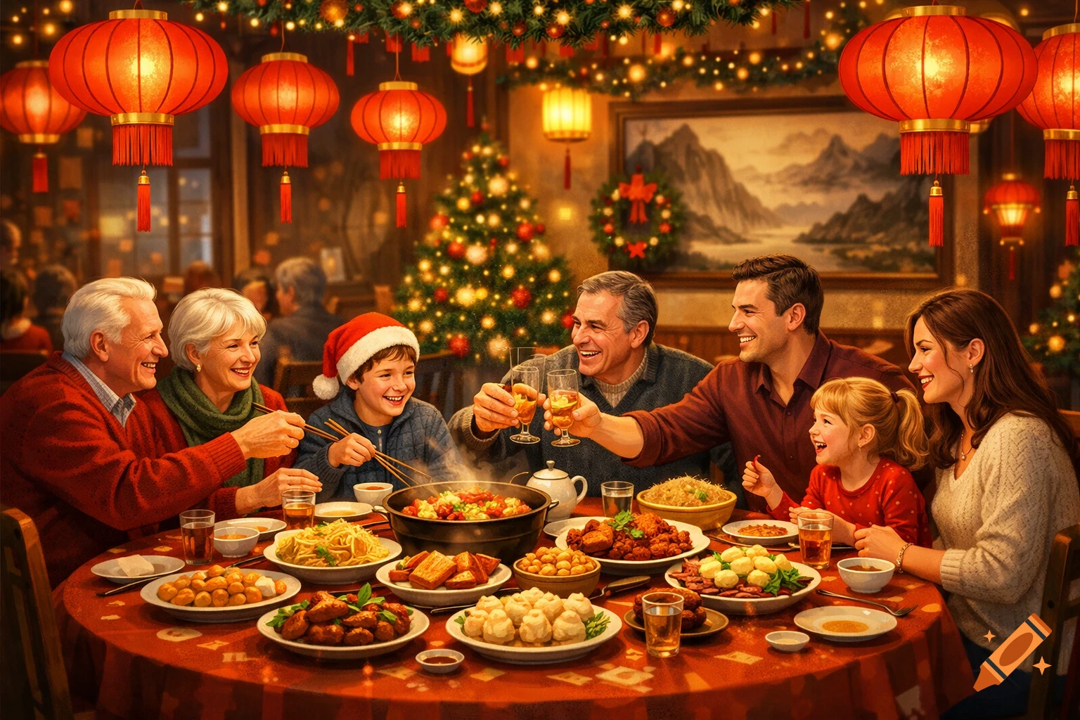 A multi-generational family joyfully gathers around a table laden with Chinese food and hotpot, celebrating under red lanterns and Christmas decorations.