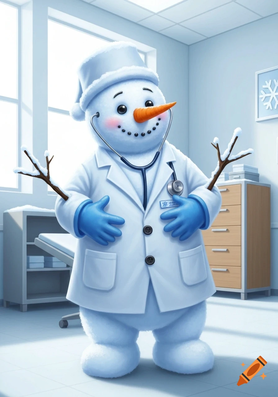 A cartoon snowman doctor in a white lab coat, blue gloves, and a stethoscope, standing in a bright doctor's office.