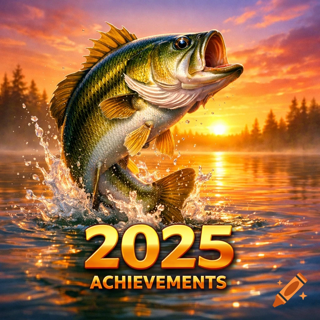 A large bass fish jumps out of water at sunset, with the text '2025 ACHIEVEMENTS'.
